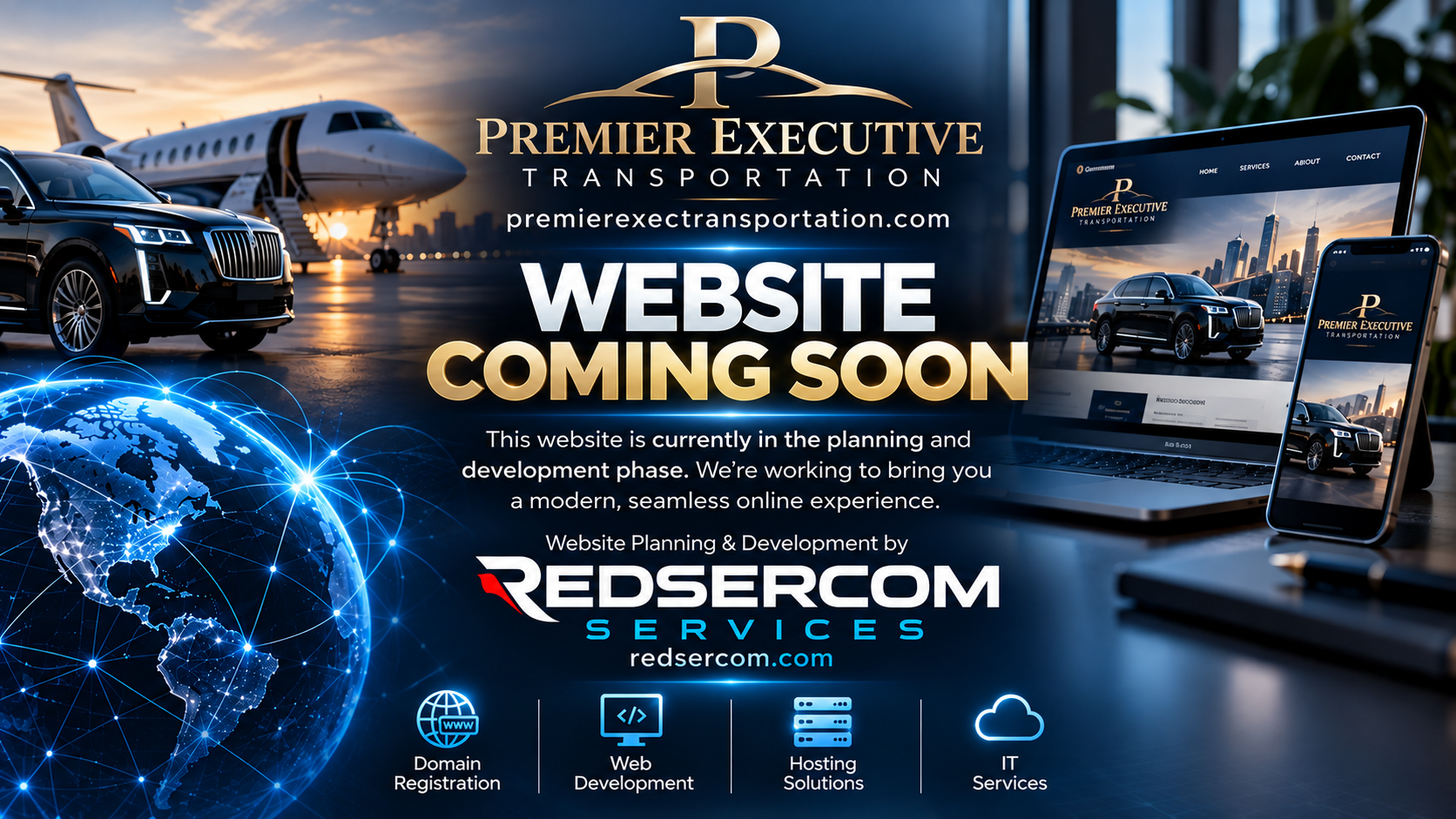 Premier Executive Transportation — premierexectransportation.com. Website coming soon. This website is in planning and development by Redsercom Services, redsercom.com.